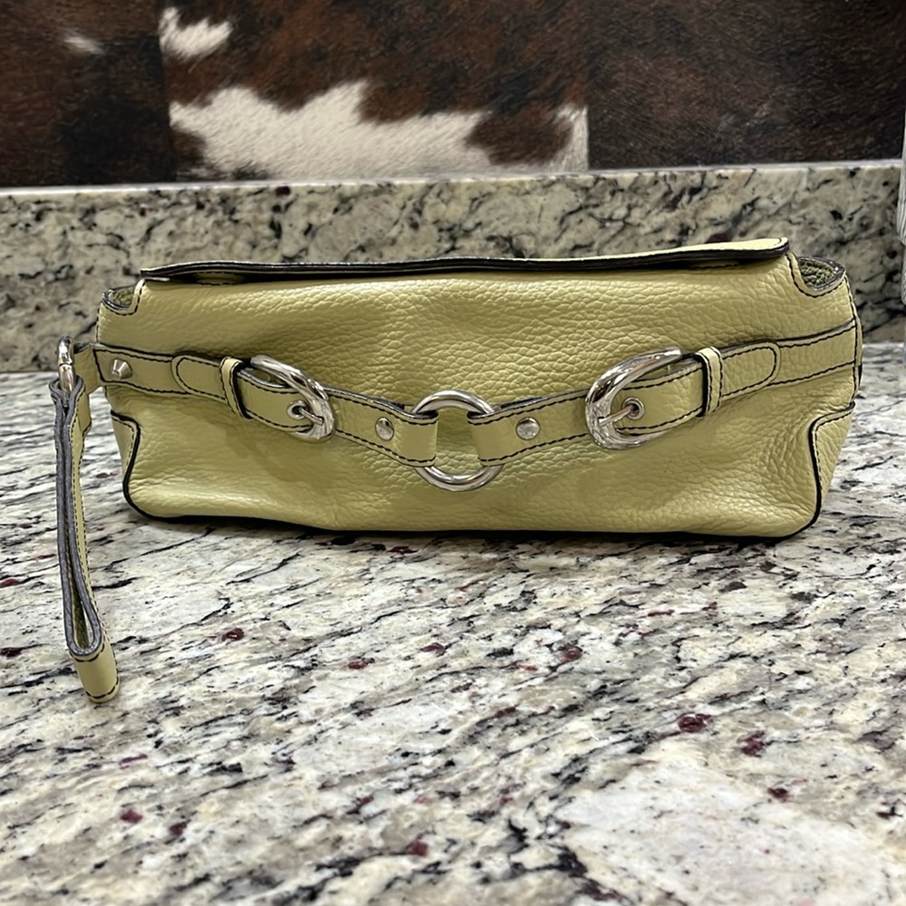 Adrienne Vittadini Yellow Green Leather Wristlet Clutch